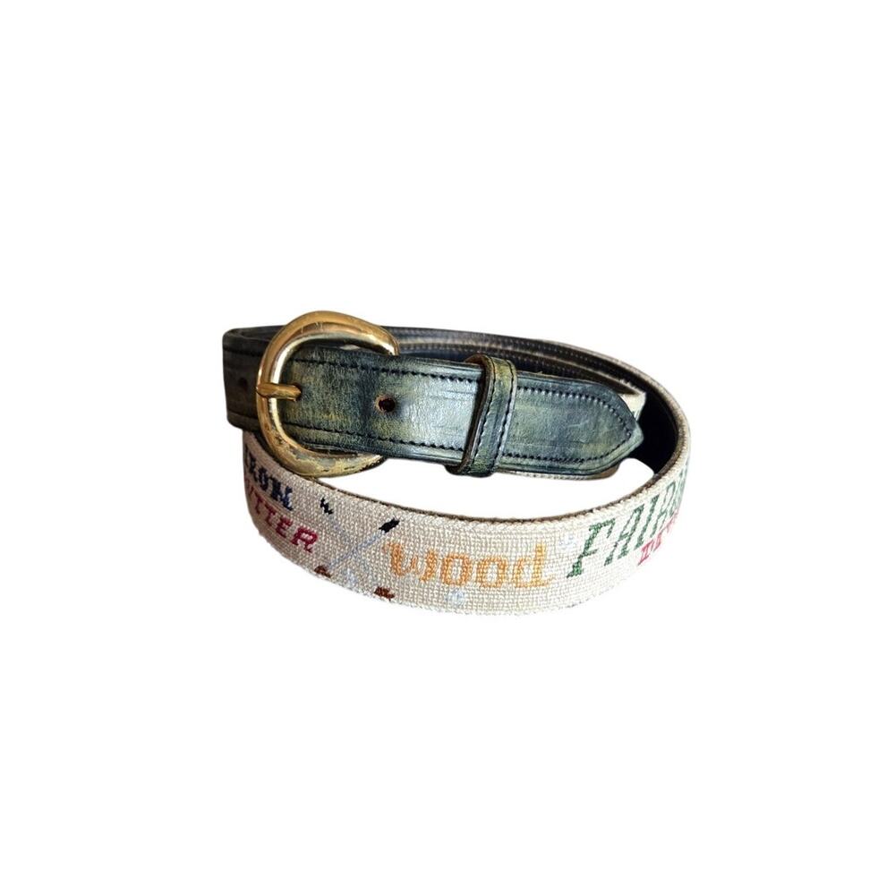 Leather brass buckle belt needle all over golf sayings black 1 inch unique 43"